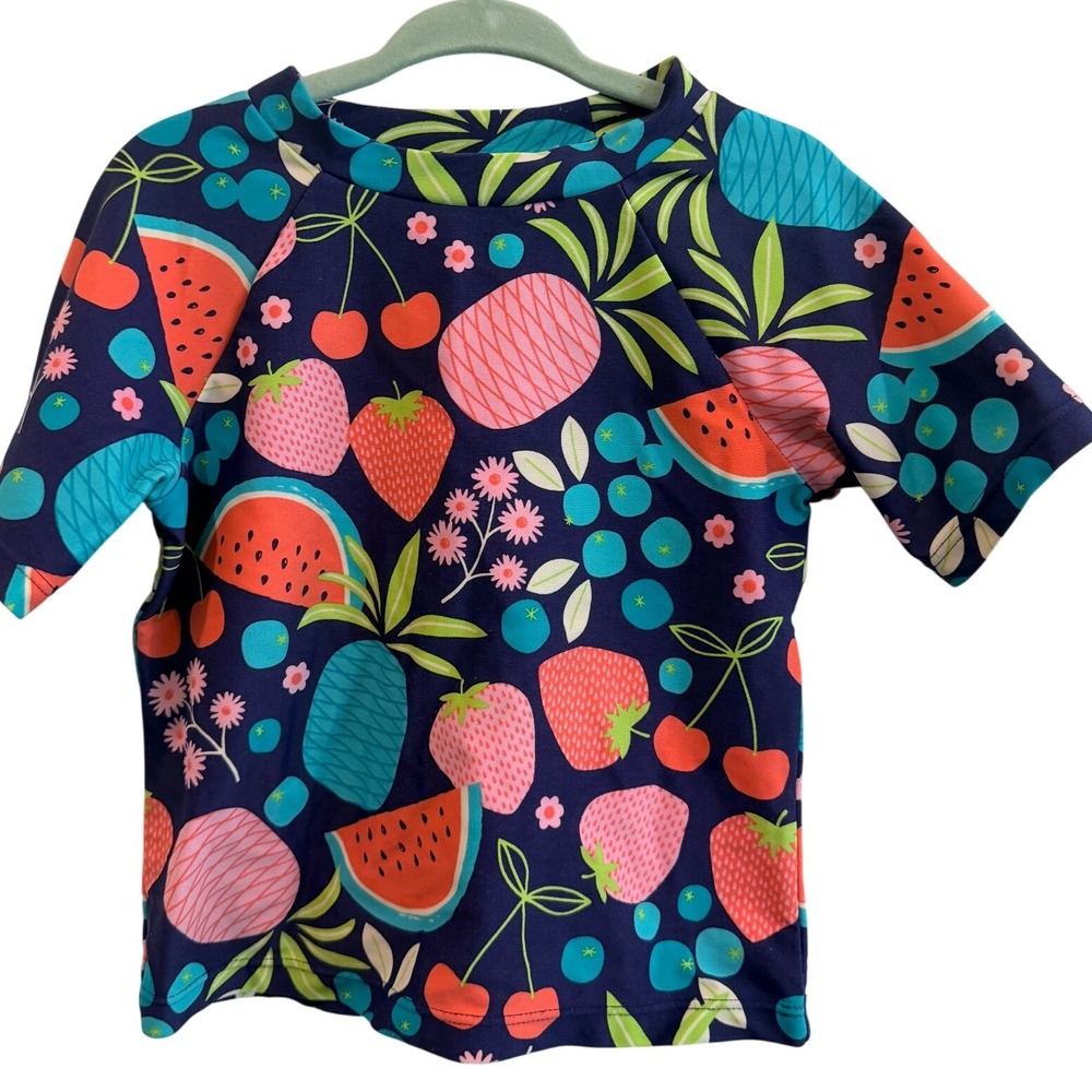 Floatimini Girls Navy Blue Tropical Fruit Print Rash Guard Swim Shirt 4T